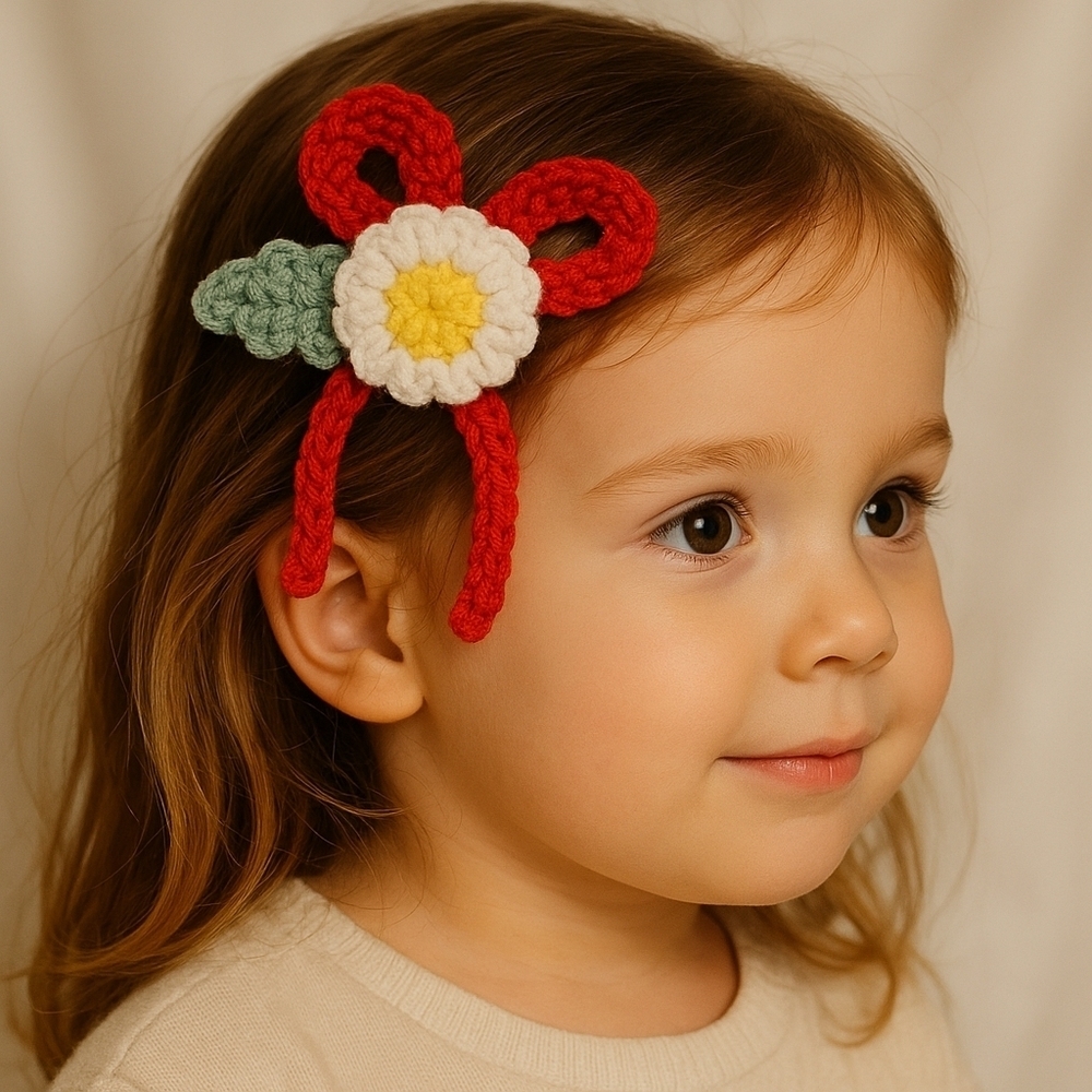 Hand Crafted Hand Knit Crochet Red Bow Barrete Hair Clip white and yellow flower